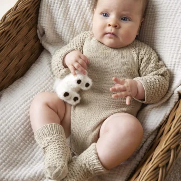 Lang Yarns Bjørn romper og Henrik sokker fra Punto 83 Baby Cotton Naturally Colored