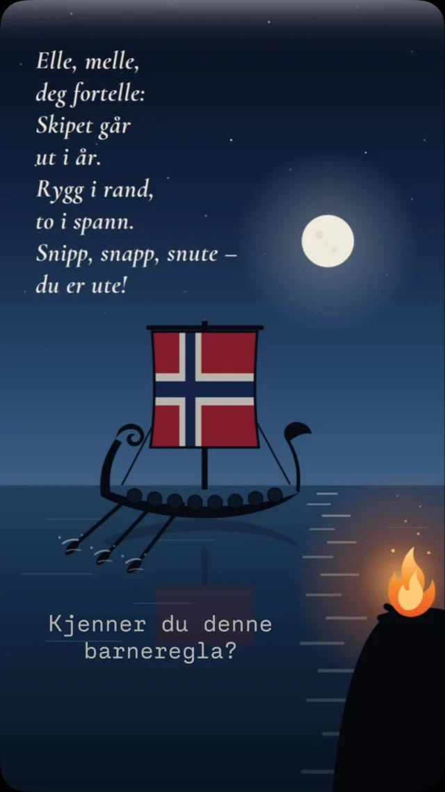 Kanskje over tusen år gammel? En teori sier regla stammer fra vikingtidens leidang: «Elle melle» er ilden som melder – vardebålet som varsler at skipet går ut i år. «Rygg i rand, to i spann» – to mann på åra, med ryggen mot himmelranda. Den som ble tellet ut, måtte bli med. ⚓️🔥

Ingen vet sikkert – men fint å tenke på at vi kanskje har ellemellet siden vikingtiden. Vi gleder oss til å møte England til kamp med de beste gutta i skipet. Og resten av oss skal Ro, Ro, Ro. Lykke til verdens beste fotballag🇳🇴