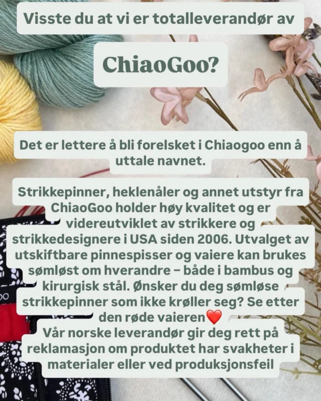 ♥️Hvorfor verdens beste:
*krøllfrie vaiere
*passe spisse pinner
*sømløs overgang mellom pinne og vaier
*pinnestørrelser er preget i pinnespissene (på utskiftbare pinner)
*kirurgisk stål
*perfekte pinner til Magic Loop
*kvarte størrelser
*lenger opp til og med 150 cm
*kvarte størrelser fra 1,5 mm til 4,0 mm.